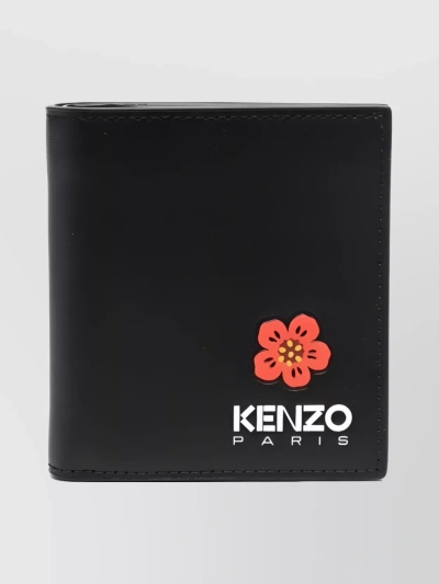 Kenzo Floral Print Folded Leather Wallet In Black