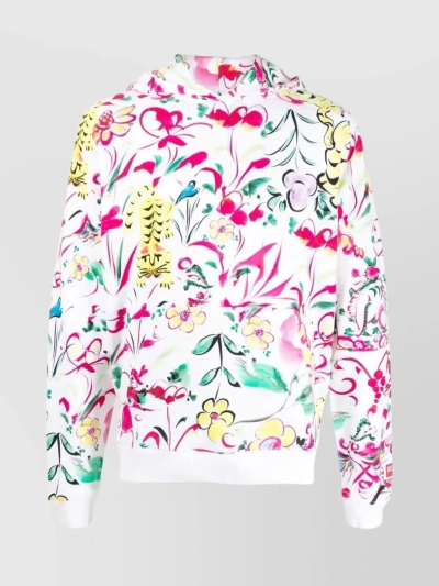 Kenzo Floral Print Hooded Sweater With Front Pouch In White