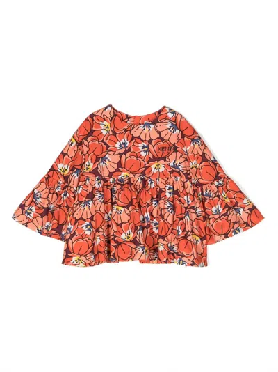 Kenzo Kids' Floral-print Ruched Blouse In Orange