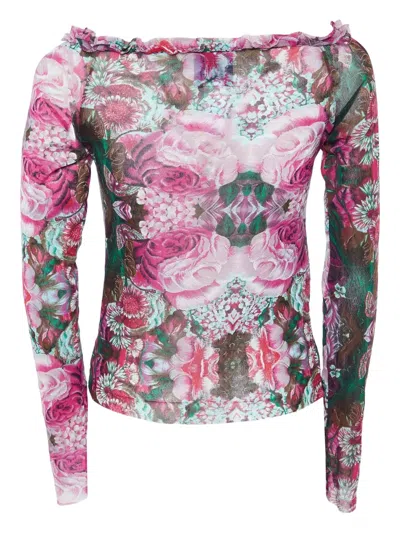 Pre-owned Kenzo Floral-print Ruffle-trim Blouse In Pink