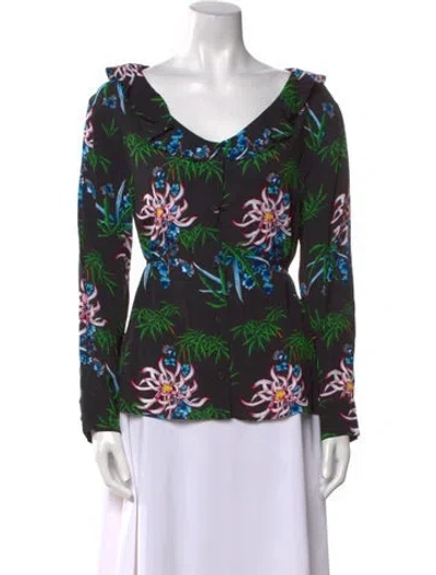 Pre-owned Kenzo Floral Print V-neck Blouse W/ Tags In Black