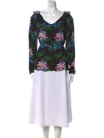 Pre-owned Kenzo Floral Print V-neck Blouse W/ Tags In Black