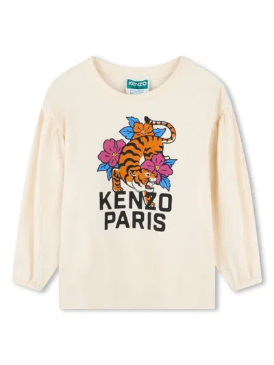 Kenzo Kids' Floral Tiger Print Long-sleeved T-shirt In Ivory