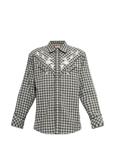 Kenzo Floral-embroidered Gingham Shirt In Gray