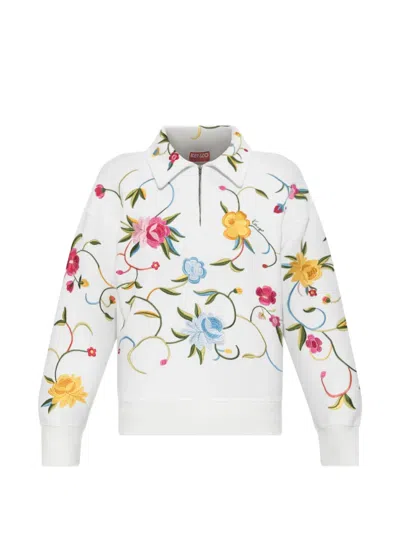Kenzo Floral Embroidery Cotton Quarter Zip Polo Sweatshirt In White