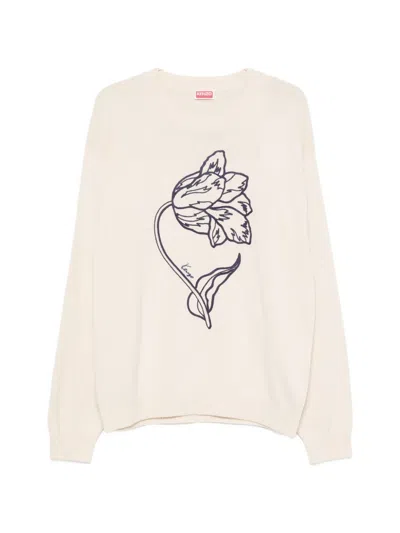 Kenzo Floral Wool And Cotton Blend Jumper With Embroidered Logo In Neutral