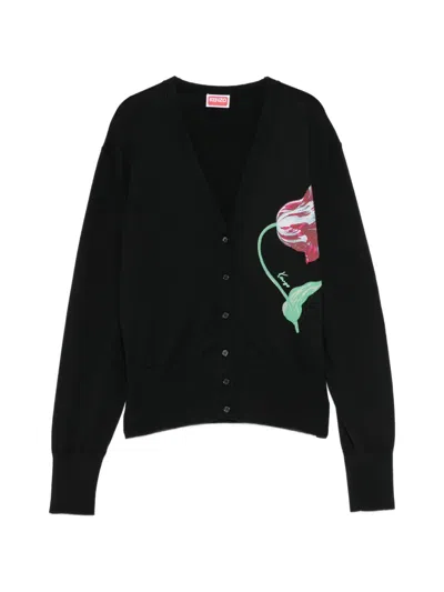 Kenzo Floral-intarsia V-neck Cardigan In Black