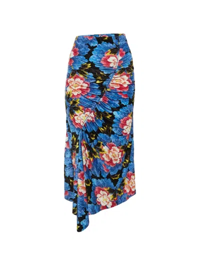Pre-owned Kenzo Floral-print Asymmetric-hem Skirt In Blue