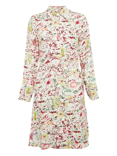 Pre-owned Kenzo Floral-print Belted Dress In White