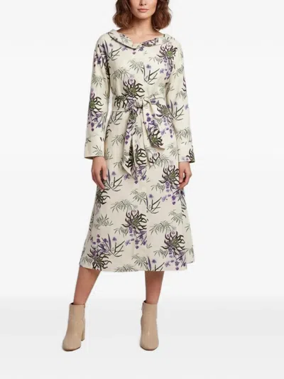 Pre-owned Kenzo Floral-print Belted Midi Dress In Neutrals
