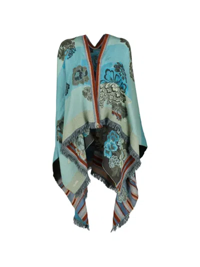 Pre-owned Kenzo Floral-print Fringed Poncho In Blue