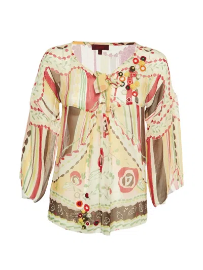 Pre-owned Kenzo Floral-print Silk Blouse In Neutral