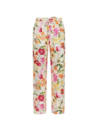 Kenzo Floral-print Silk Trousers In Neutral