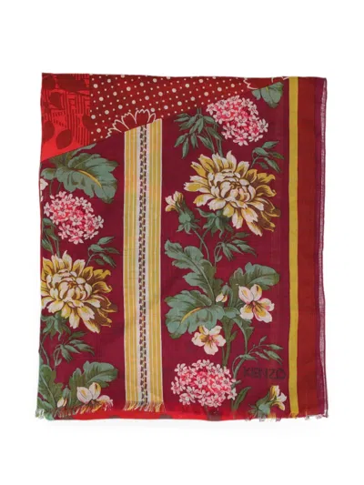 Pre-owned Kenzo Floral-print Striped Scarf In Red