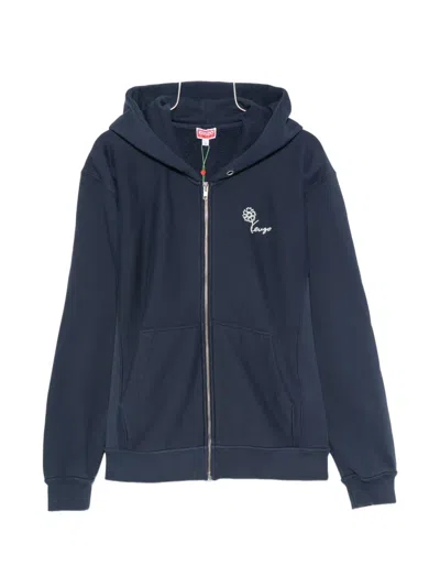 Kenzo Hooded Jacket Front Pockets Ribbed Cuffs Hem In Blue