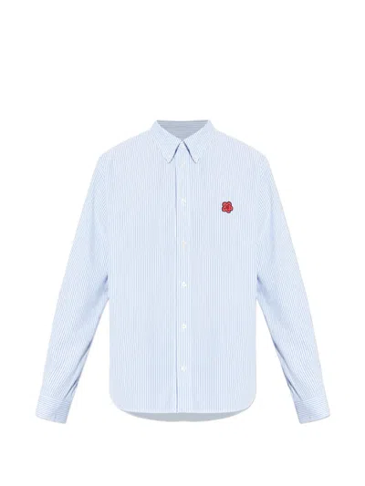 Kenzo Long Sleeve Silk Nylon Shirt Striped Embroidered In Blue