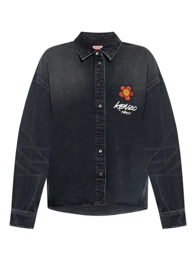 Kenzo Flower-embroidered Denim Shirt In Blue