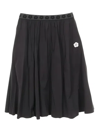 Kenzo Flower-waistband Midi Skirt In Black