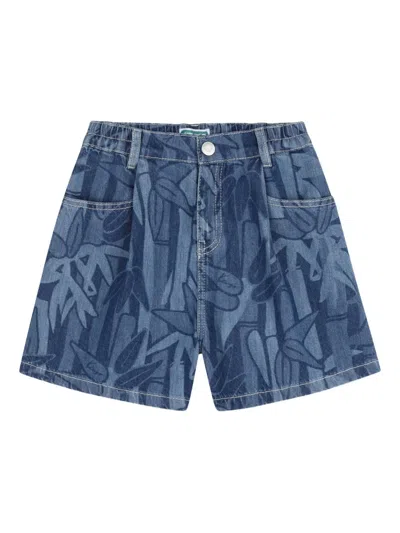Kenzo Kids' Foliage-print Denim Shorts In Blue