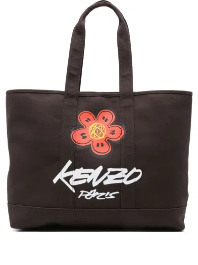 Kenzo Futura Logo Cotton Tote Bag In Brown