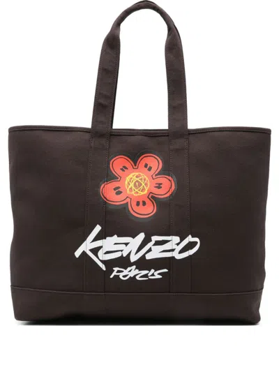 Kenzo Futura Logo Cotton Tote Bag In Brown