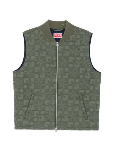 Kenzo Geometric-quilted Zip-up Gilet In Green