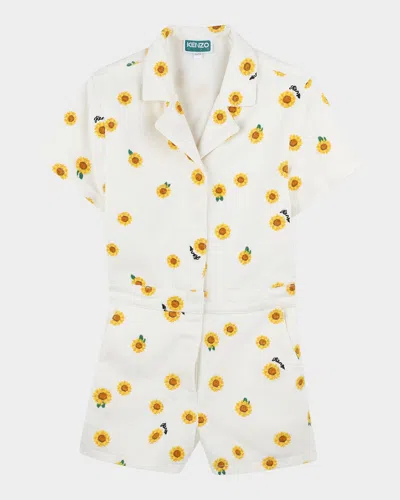 KENZO GIRL'S EMBROIDERED SUNFLOWER-PRINT ROMPER