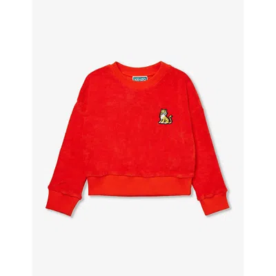 Kenzo Girls Bright Red Kids Tiger-embroidered Towelling Cotton-blend Sweatshirt 4-12 Years