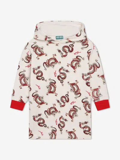 Kenzo Kids' Dragon-print Cotton Hooded Dress In Ivory