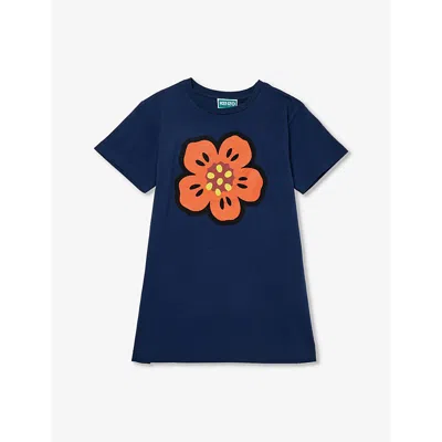 Kenzo Girls Navy Kids Poppy Graphic-print Short-sleeve Cotton-jersey Dress 4-12 Years