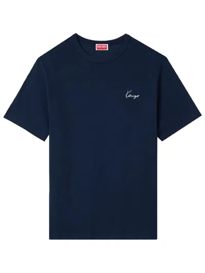 Kenzo ` Archive Rose` Embroidered Outlined Cotton T-shirt In Blue