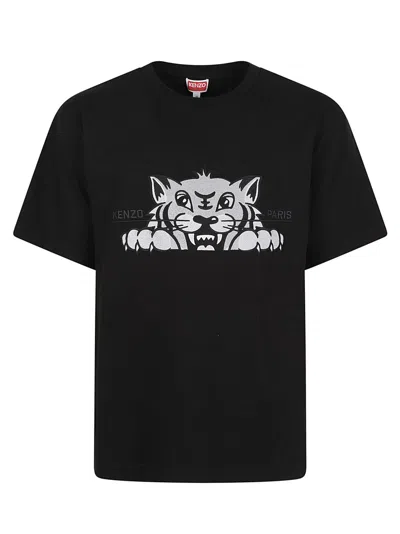 Kenzo Gots Happy Tiger Embroidered Oversize Tshirt In Black