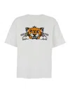 Kenzo 'gots Happy Tiger' White Crewneck T-shirt With Maxi Logo Embroidery On The Front And Logo Lettering