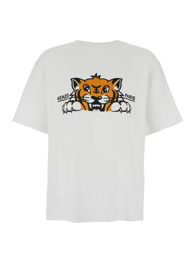 Kenzo Gots Happy Tiger White Crewneck T-shirt With Maxi Logo Embroidery On The Front And Logo Lettering On In Blanco
