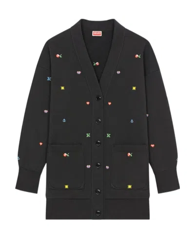 Kenzo Graphic-embroidered Jersey Cardigan In Black