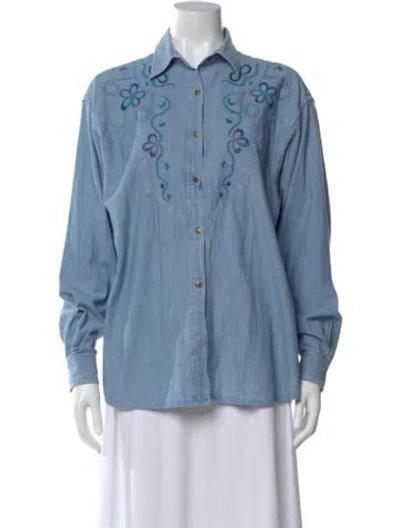 Pre-owned Kenzo Graphic Print Long Sleeve Button-up Top In Blue