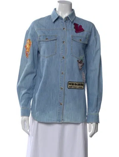 Pre-owned Kenzo Graphic Print Long Sleeve Button-up Top In Blue