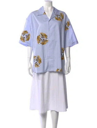 Pre-owned Kenzo Graphic Print Short Sleeve Button-up Top In Blue
