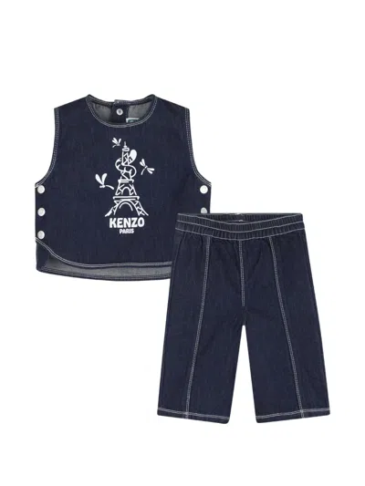 Kenzo Babies' Graphic-print Denim Trouser Set In Blue
