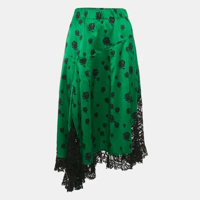 Pre-owned Kenzo Green Floral Print Lace Trim And Silk Midi Skirt M