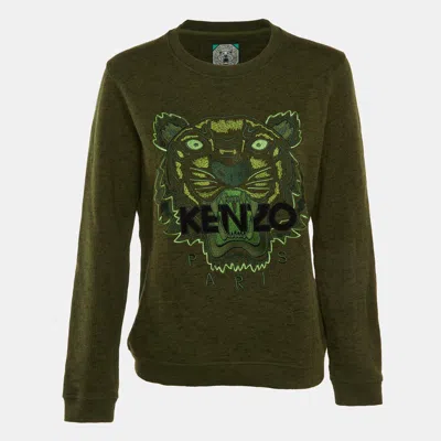 Pre-owned Kenzo Green Melange Cotton Tiger Embroidered Sweatshirt L