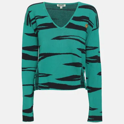 Pre-owned Kenzo Green/navy Blue Tiger Print Jersey Cropped Sweater S