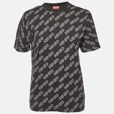 Pre-owned Kenzo Grey All Over Logo Print Cotton Crew Neck T-shirt Xs In Gray