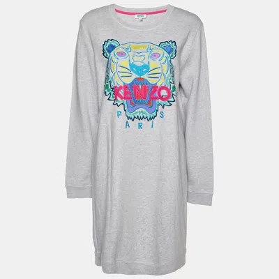 Pre-owned Kenzo Grey Cotton Tiger Embroidered Sweater Dress Xl