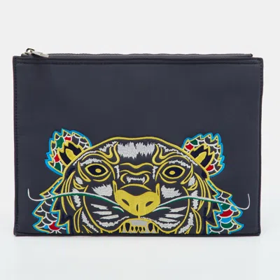 Pre-owned Kenzo Grey Embroidered Tiger Neoprene Flat Zip Pouch In Gray