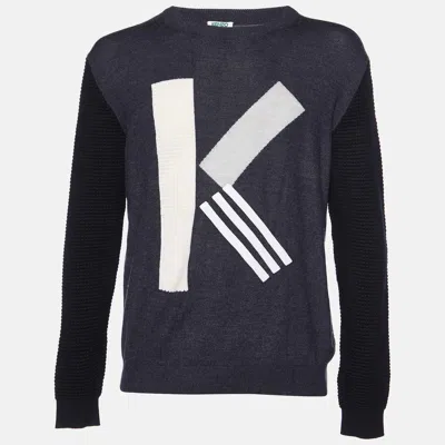 Pre-owned Kenzo Grey K Color Block Wool Knit Crew Neck Sweater L