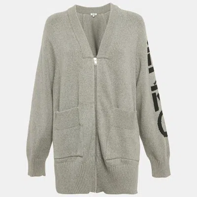 Pre-owned Kenzo Grey Logo Intarsia Knit Pocketed Zip Front Jacket S In Gray