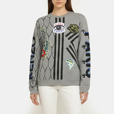 Pre-owned Kenzo Grey Multicolor Embroidered Jersey Sweater L In Gray