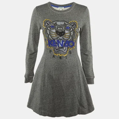Pre-owned Kenzo Grey Tiger Embroidered Cotton Sweater Dress M In Gray