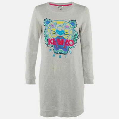 Pre-owned Kenzo Grey Tiger Head Embroidered Cotton Sweatshirt Mini Dress S In Gray